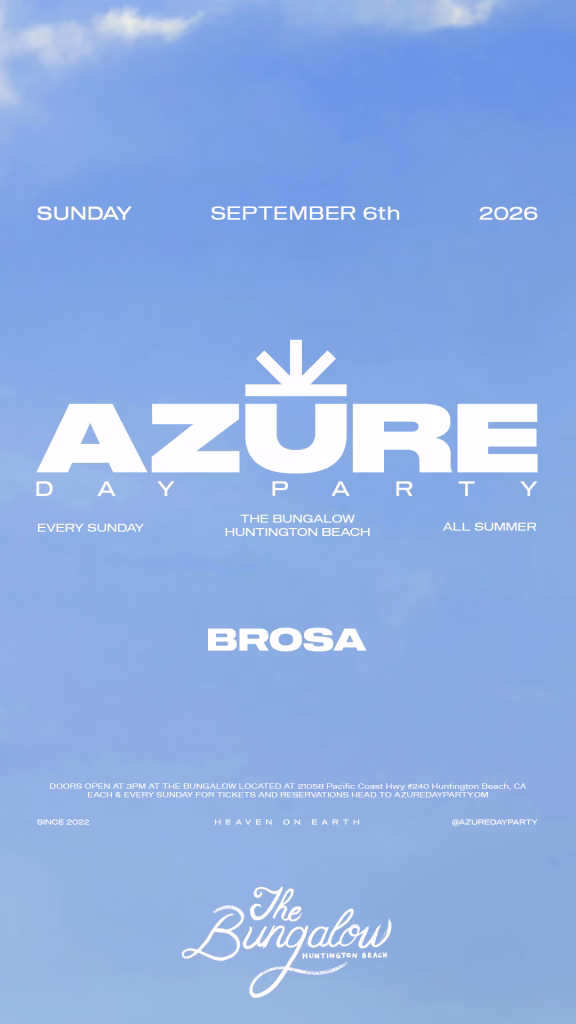 Azure Day Party promotional flyer featuring BROSA performing at The Bungalow Huntington Beach on September 6, 2026, against a light blue sky background.